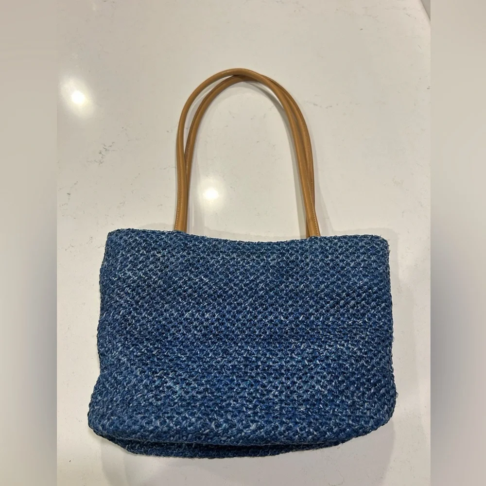 Blue Woven Straw Tote Floral Embroidered‎ Shoulder Bag Boho Cottagecore
